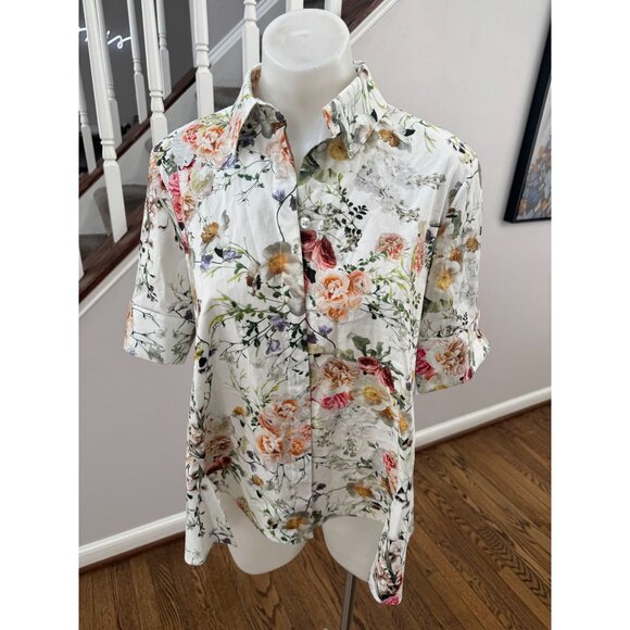 Adam Lippes Floral Print Poplin Trapeze Shirt White Size 2 - Picture 2 of 3